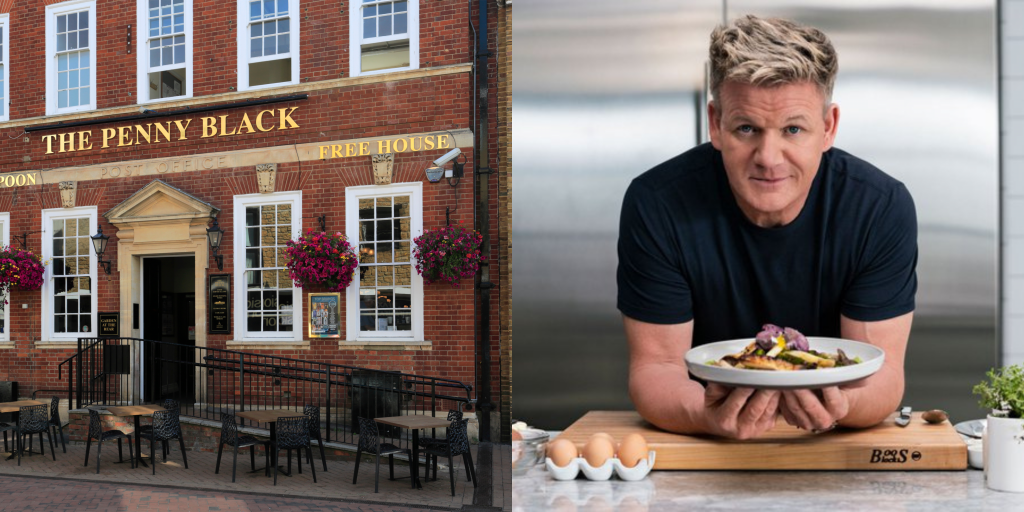 two images side by side. one shows a traditional british pub exterior, the other is of famous british chef gordan ramsey