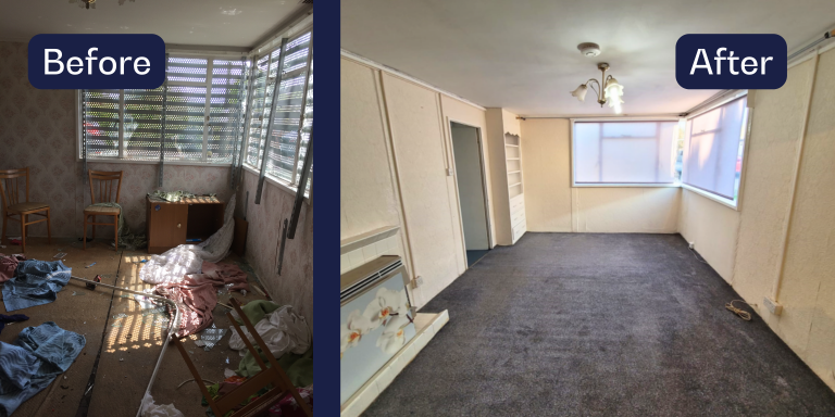 picture shows the before and after of a property global guardians protect. the before picture is cluttered, with rubbish on the floor and mould on the walls, the after picture is clear and clean with freshly painted white walls.