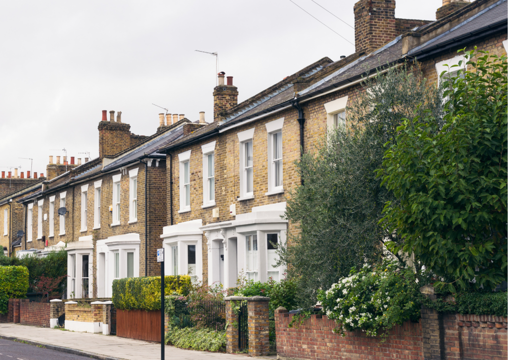 Row of british houses on a tree lined street