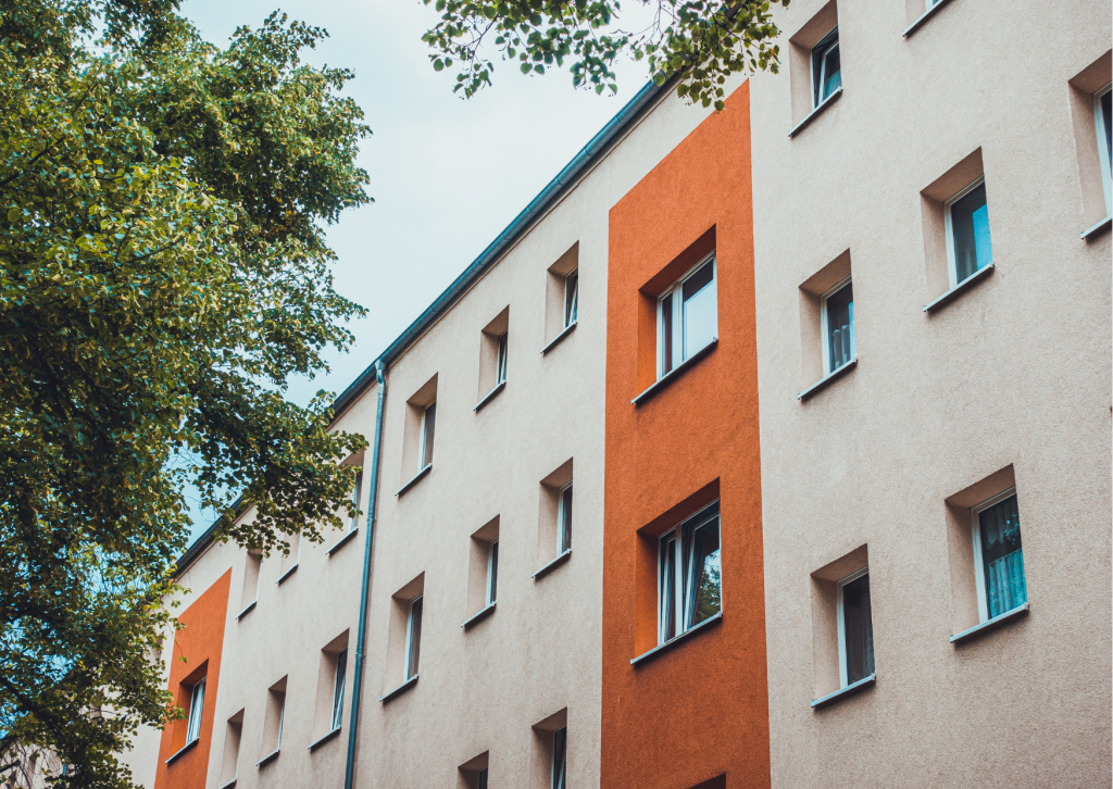 apartment building with orange striped cladding
